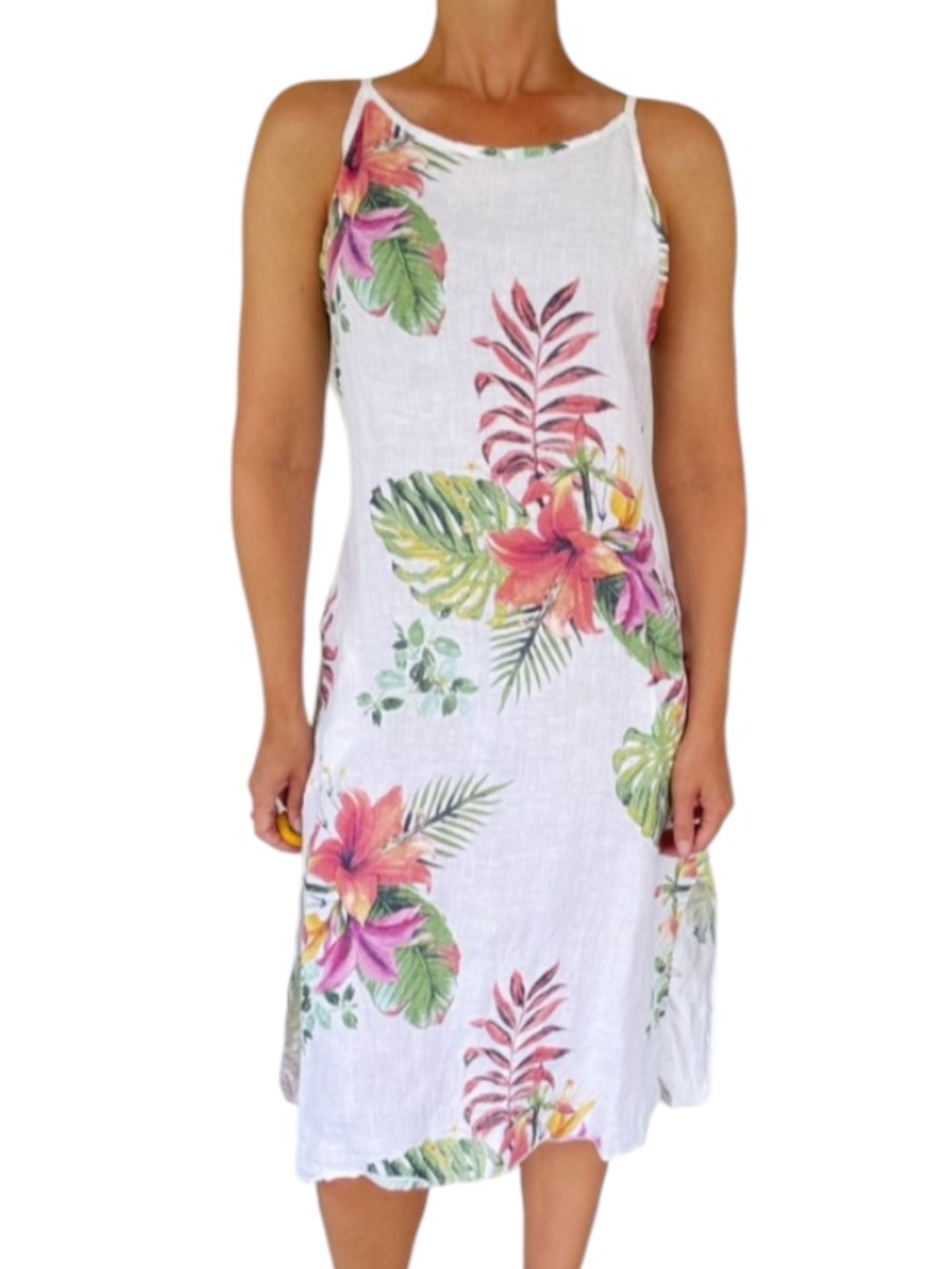 Lungo L’arno 100% linen white tropical floral sleeveless shift dress small